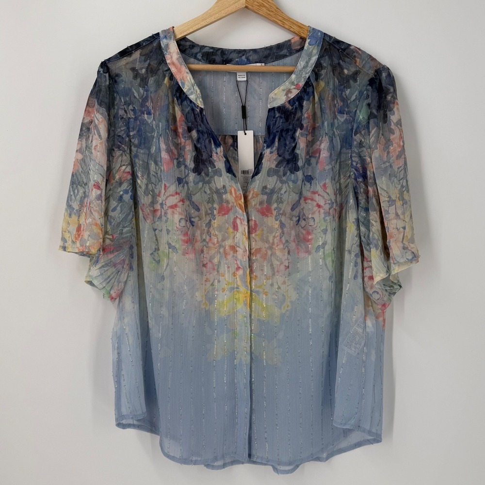 Chicos Lisbon Bloom Flutter Sleeve Blouse Blue Pearl Floral Metallic 3 US‎ 16